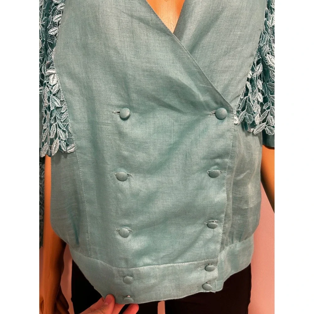 LERMAJ Vintage Teal Linen Blend Two Piece Set Lace Wrap Top Wide Leg Pants M/L